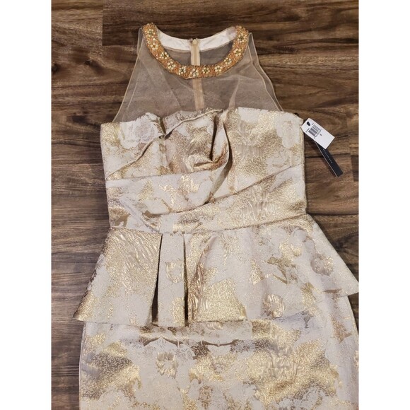 $628 David Meister Women Size 6 Sleeveless Illusion Peplum Gown Dress Gold Cream - Picture 3 of 9